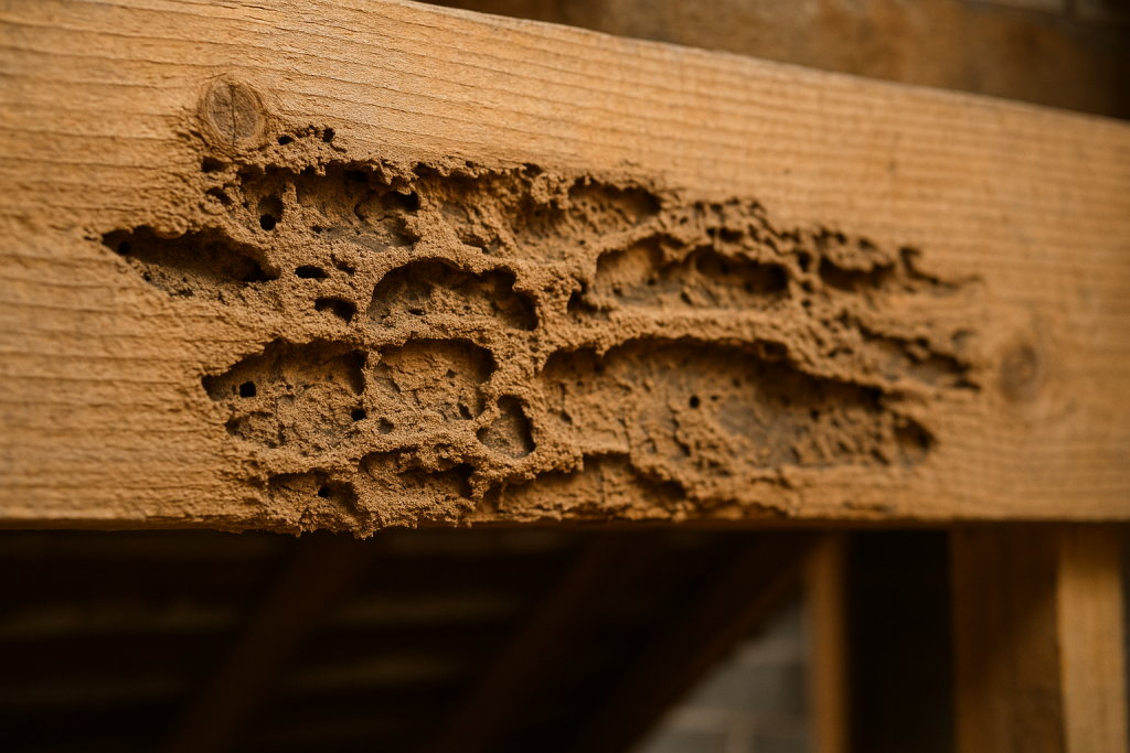 Bois endommagé par les termites dans une maison à Fos-sur-Mer